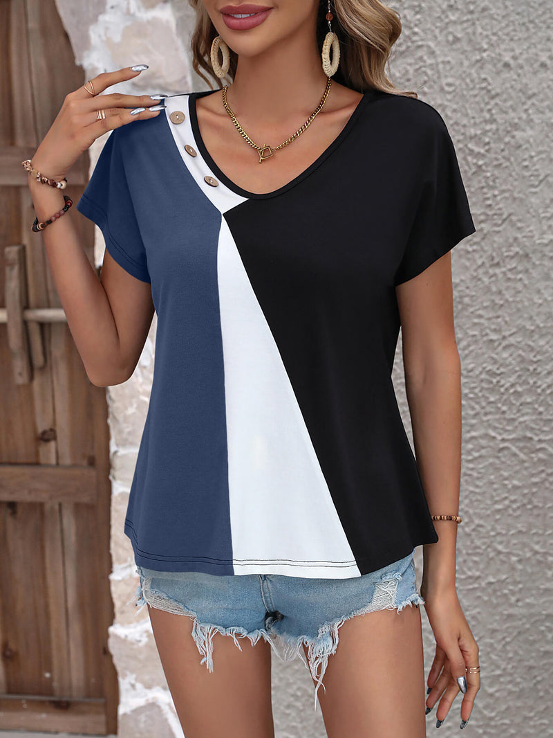 Deanna color Block Decorative Button V-Neck Tee - Deal of the Day!