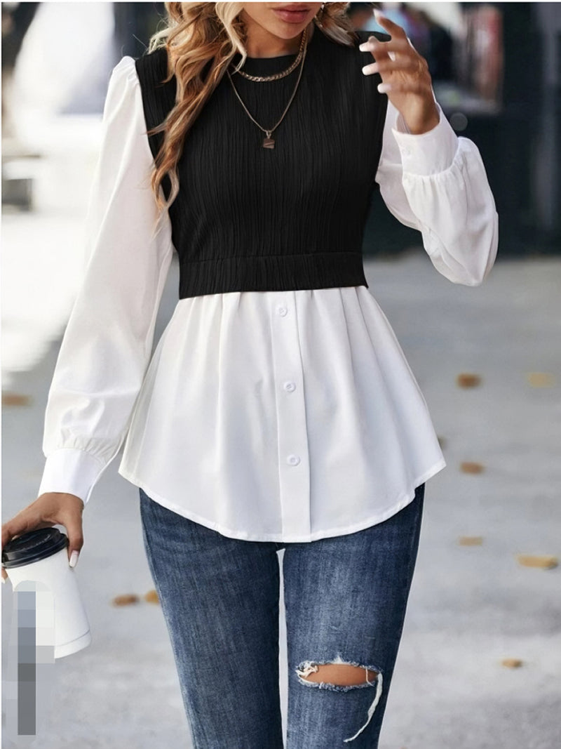 Rhya Contrast Round Neck Puff Sleeve Blouse