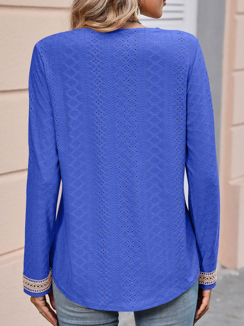 Mirabella Contrast V-Neck Eyelet Long Sleeve Top - Deal of the Day!