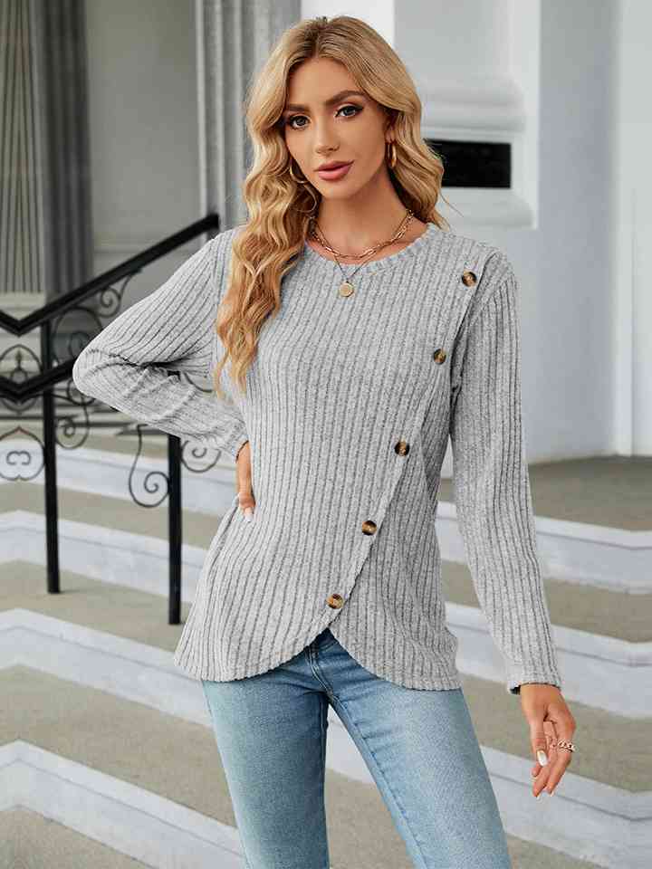 Ginny Round Neck Ribbed Button Detail Blouse