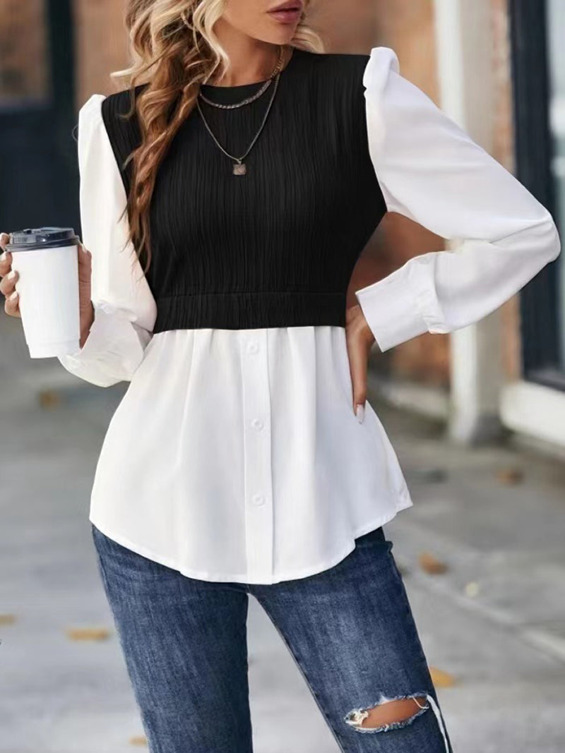 Rhya Contrast Round Neck Puff Sleeve Blouse