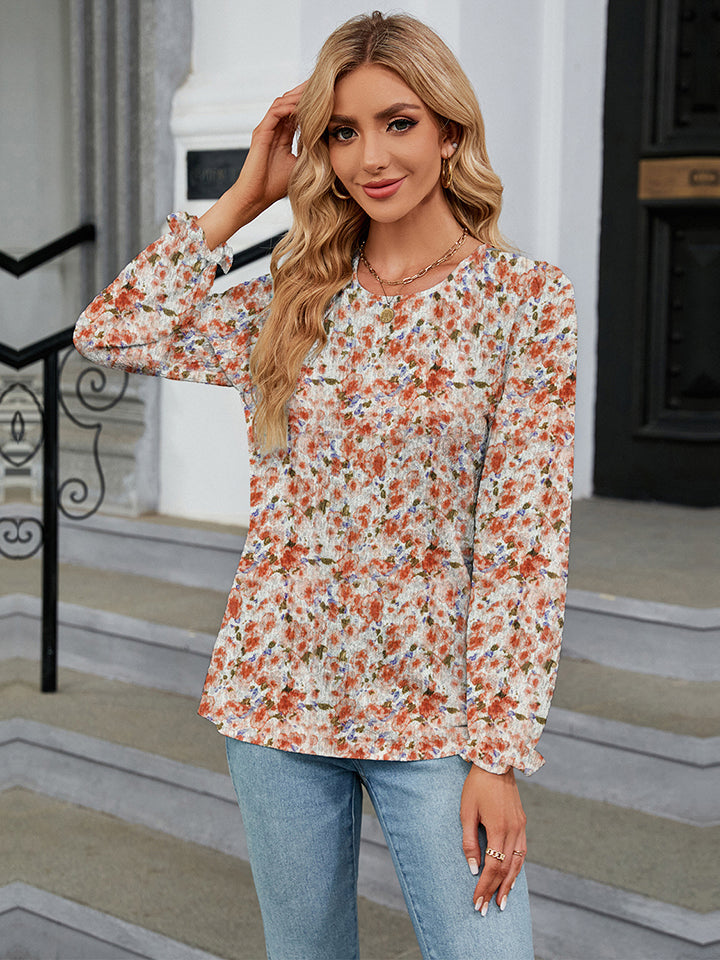 Aster Printed Round Neck Flounce Sleeve Blouse