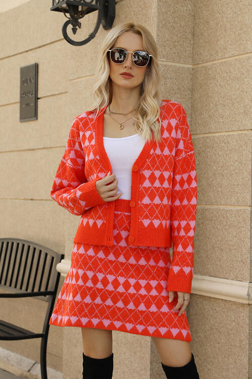 Lally Geometric Button Front Cardigan and Skirt Set