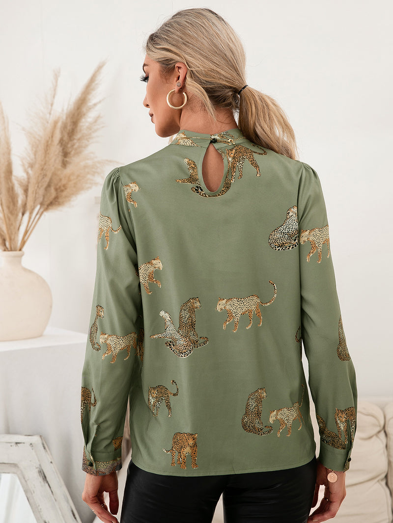 Brantley Leopard Graphic Mock Neck Puff Sleeve Blouse