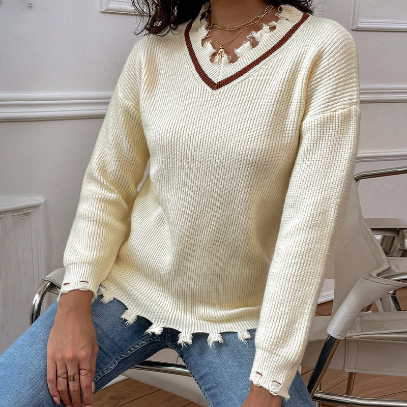 Reese Frayed Detail V-Neck Sweater