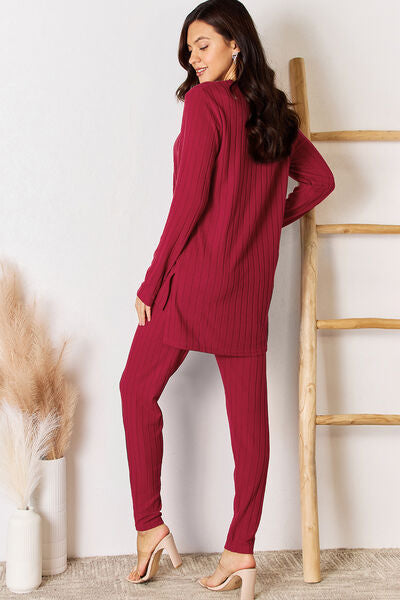 Brugh Basic Bae Full Size Notched Long Sleeve Top and Pants Set