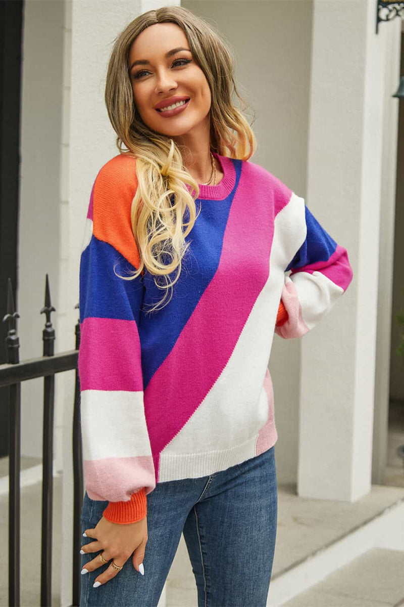 Miley Color Block Round Neck Long Sleeve Sweater