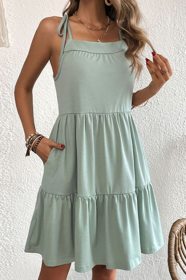 Jaclyn Tie-Shoulder Tiered Dress with Pockets