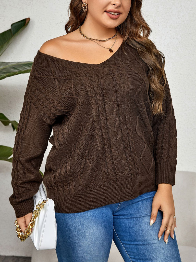 Bliss Plus Size V-Neck Cable-Knit Long Sleeve Sweater