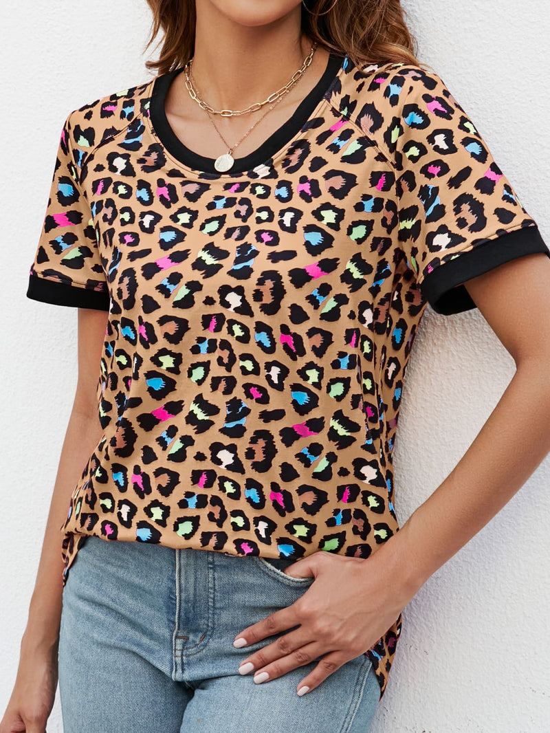 Marina Leopard Round Neck Short Sleeve Tee Shirt - Deal of the Day!