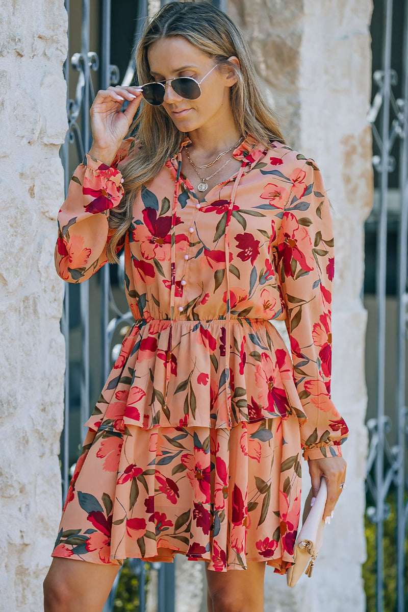 Jodie Floral Tie Neck Long Sleeve Layered Dress