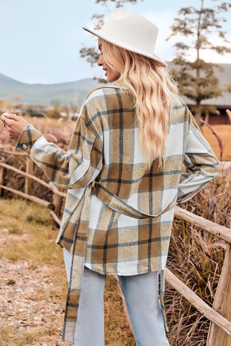 Magnolia Plaid Collared Neck Bow Front Long Sleeve Jacket