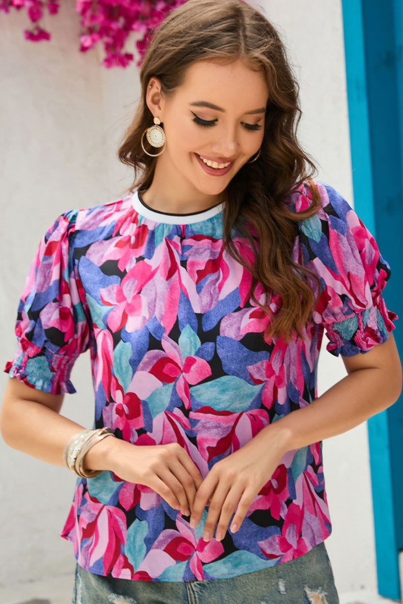 Trina Floral Round Neck Puff Sleeve Top - Deal of the Day!