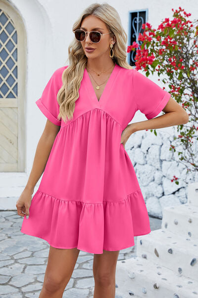 Tenley Ruched Tiered V-Neck Short Sleeve Mini Dress