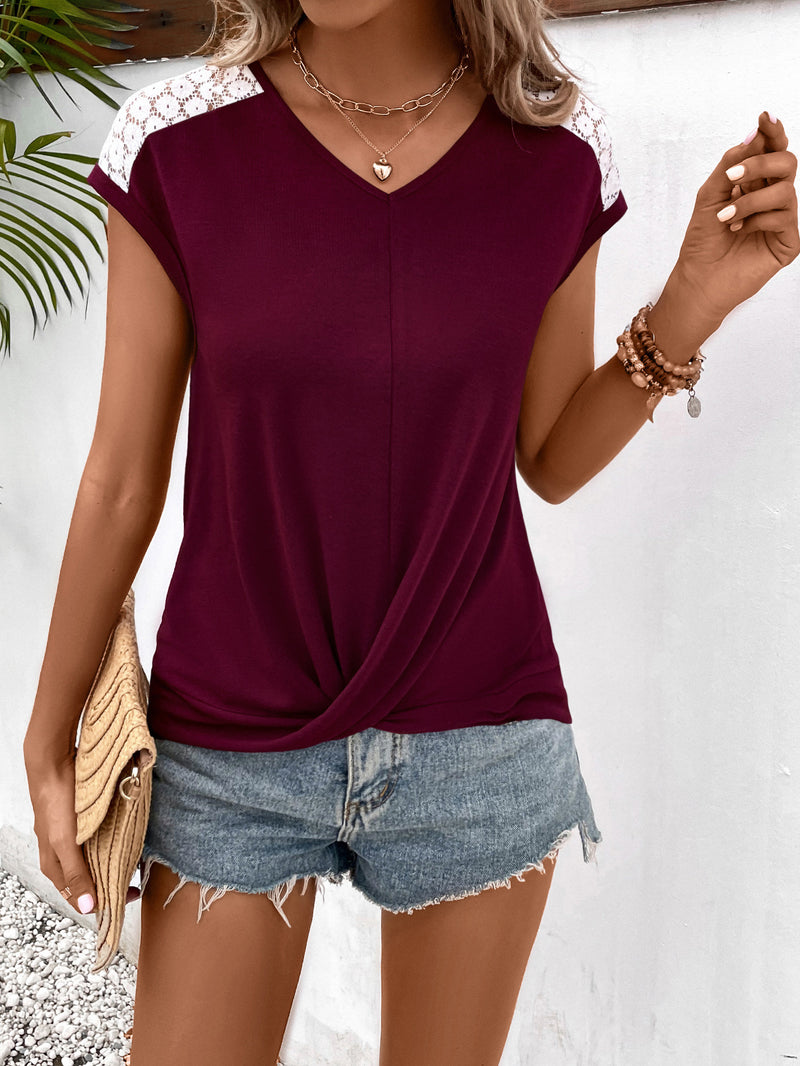 Deal of the Day Thea Spliced Lace V-Neck Twisted Hem Tee
