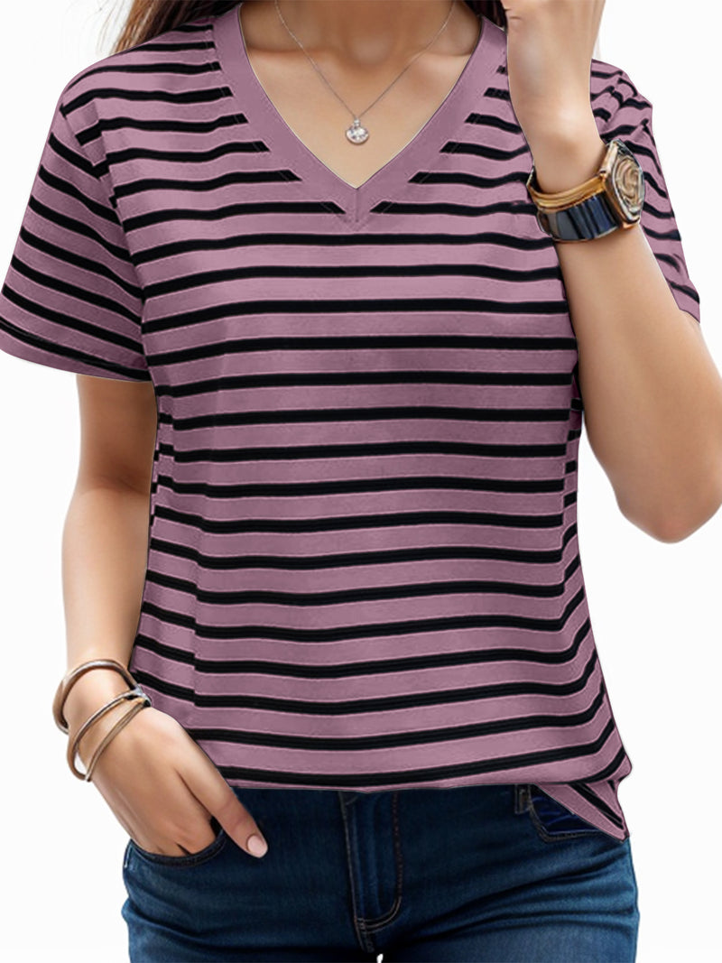 Violet Plus Size Striped V-Neck Short Sleeve T-Shirt