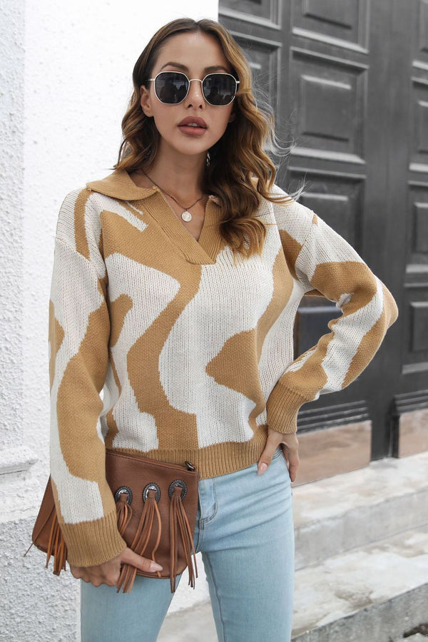 Kelsey Two-Tone Johnny Collar Dropped Shoulder Pullover Sweater