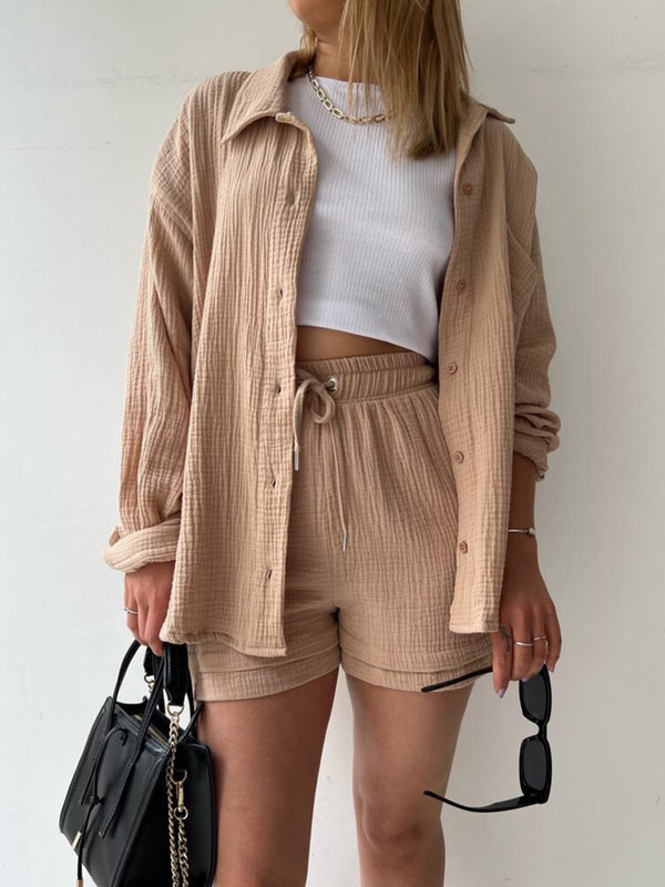 Audry Texture Button Up Shirt and Drawstring Shorts Set