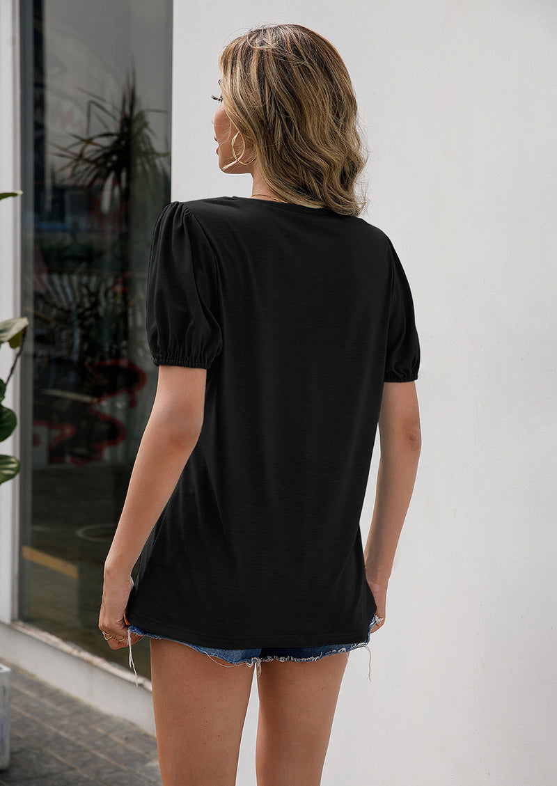 Skyler V-Neck Decorative Buttons Puff Sleeve Tee- Deal of the Day!