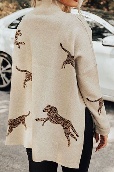 Avie Animal Pattern Mock Neck Long Sleeve Slit Sweater