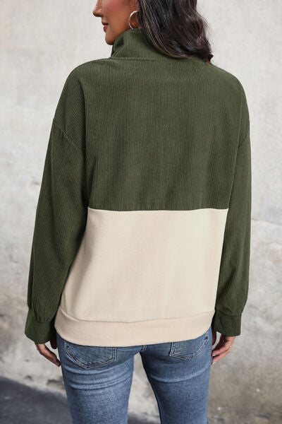Auri Ribbed Color Block Half Button Sweatshirt
