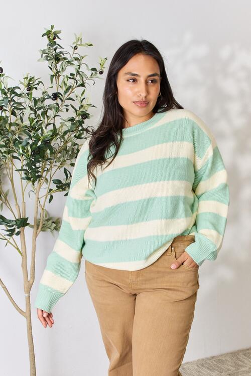 Chastity Full Size Contrast Striped Round Neck Sweater