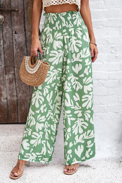 Cambria Vacation Ready Smocked Printed Wide Leg Pants with Pockets
