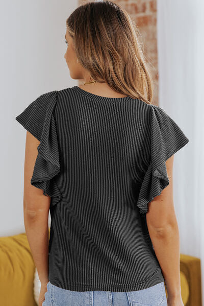 Laya Ribbed Ruffle Trim Round Neck Top -- Deal of the day!