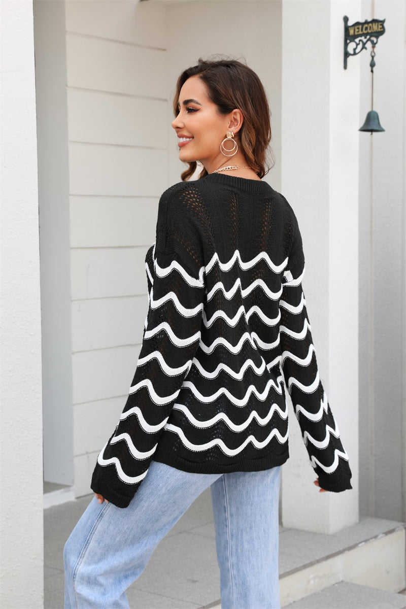 Nicola Wave Pattern Round Neck Long Sleeve Sweater
