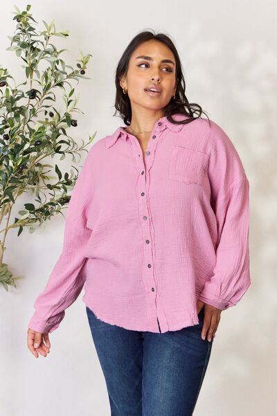 Noelle Full Size Texture Button Up Raw Hem Long Sleeve Shirt