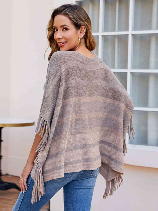 Valeria Striped Boat Neck Poncho with Fringes