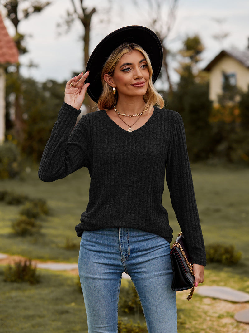Dani Ribbed V-Neck Long Sleeve Tee - Deal of the day!