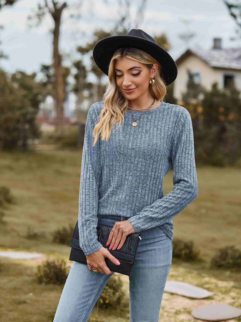 Bailee Ribbed Round Neck Long Sleeve Tee