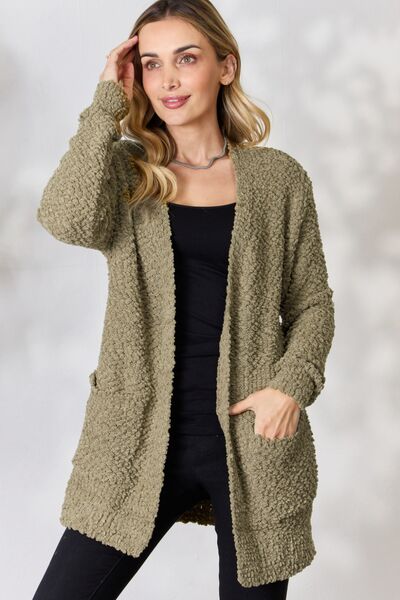 Tia Falling For You Full Size Open Front Popcorn Cardigan