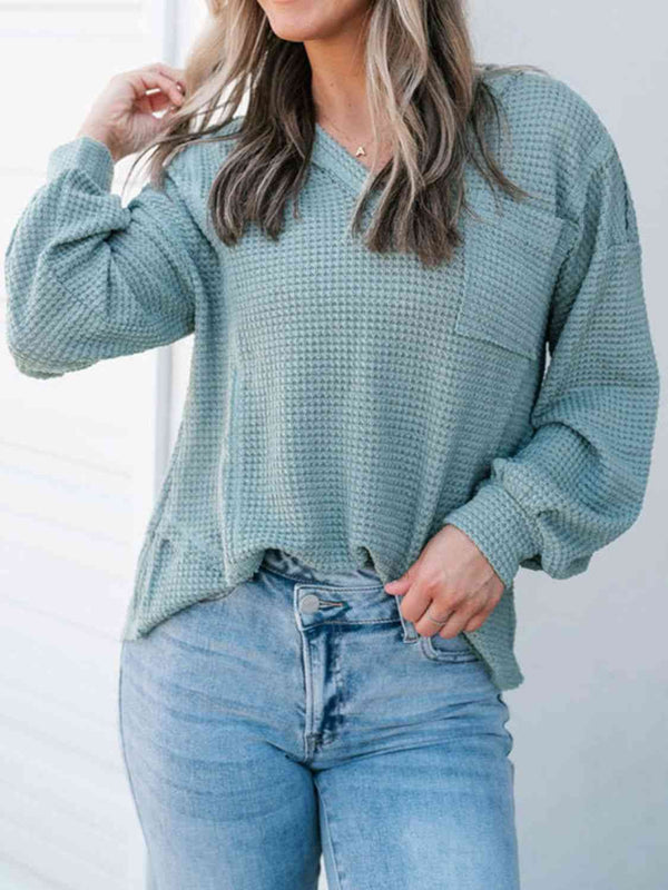 Alba Waffle-Knit V-Neck Blouse with Breast Pocket -- Deal of the day!