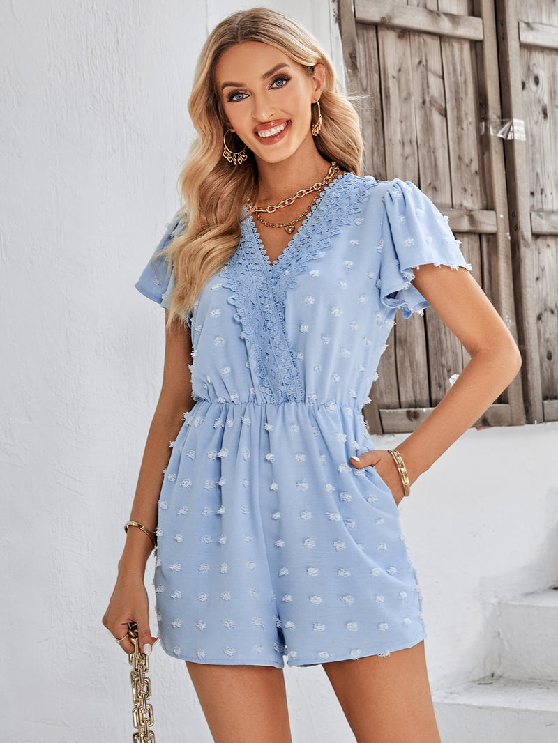 Deal of the Day Amara Swiss Dot Lace Trim Flutter Sleeve Romper with Pockets