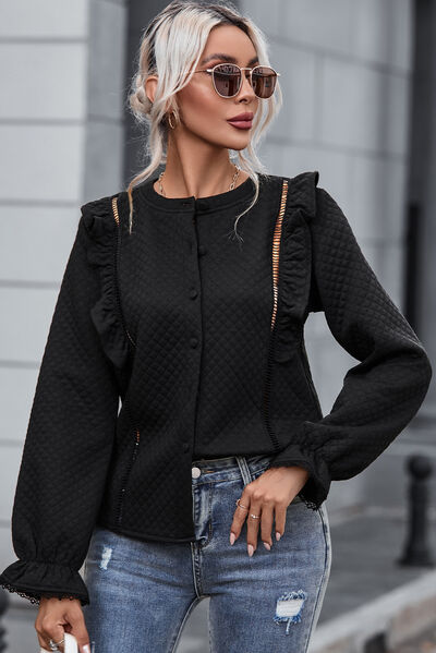 Aisley Ruffled Button Up Round Neck Shirt