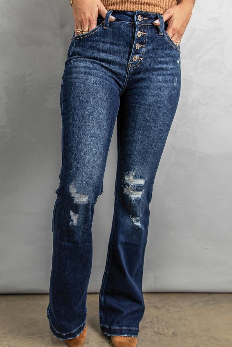 Daisy Button Fly Distressed Bootcut Jeans