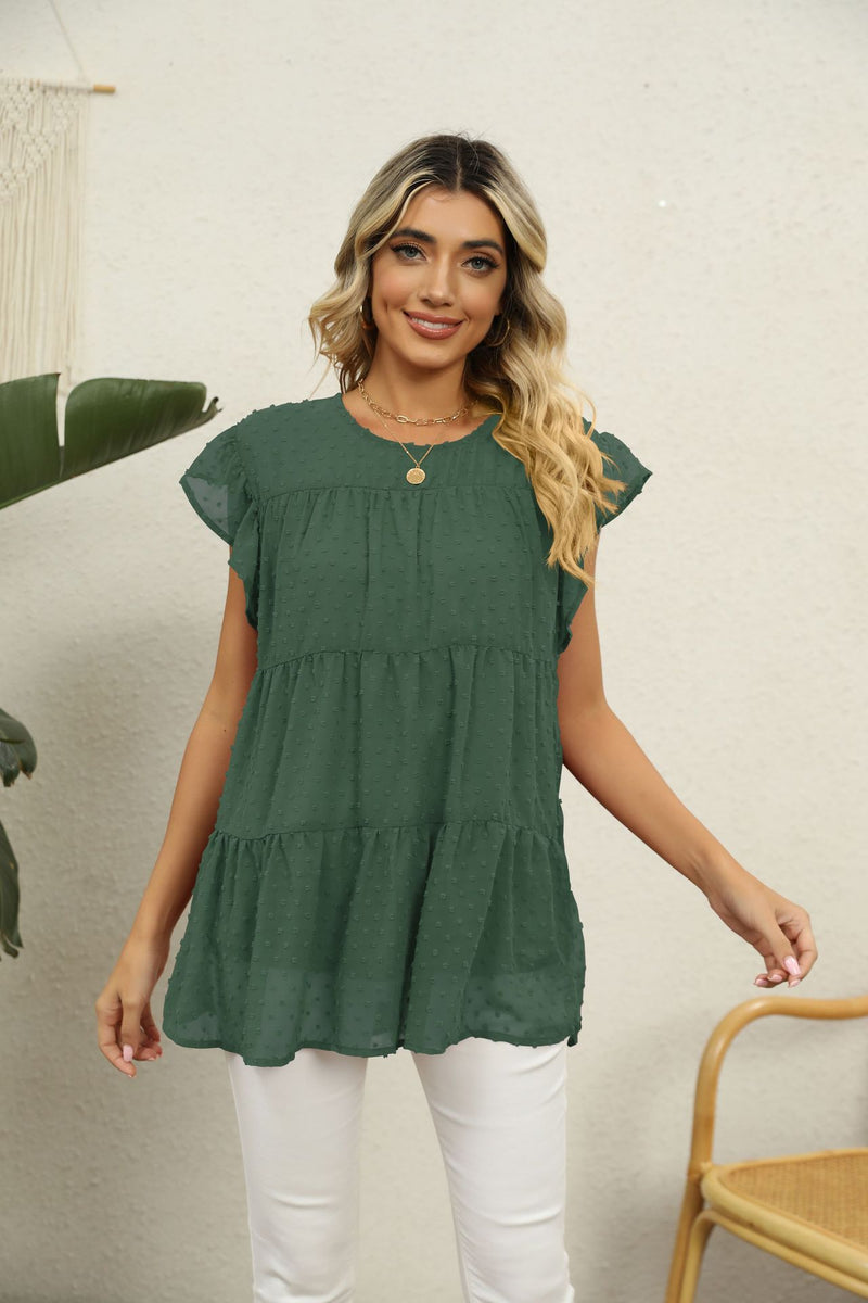 Aria Swiss Dot Round Neck Tiered Blouse