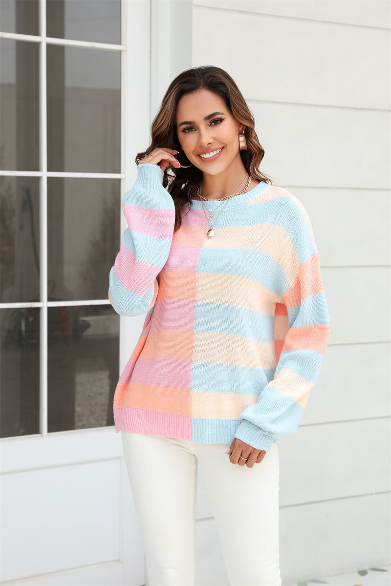 Goldie Round Neck Long Sleeve Color Block Dropped Shoulder Pullover Sweater