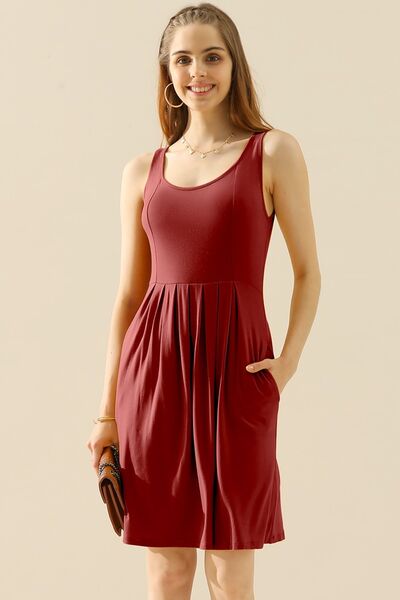 Mary Ann Full Size Round Neck Ruched Sleeveless Dress with Pockets