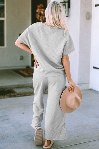 Jenelle Full Size Texture Short Sleeve Top and Pants Set