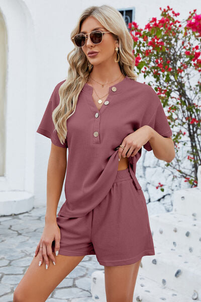Duva Notched Button Detail Dropped Shoulder Top and Shorts Set