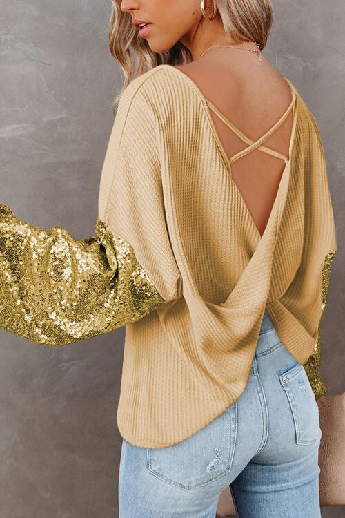 Sophie Sequin Waffle-Knit Blouse