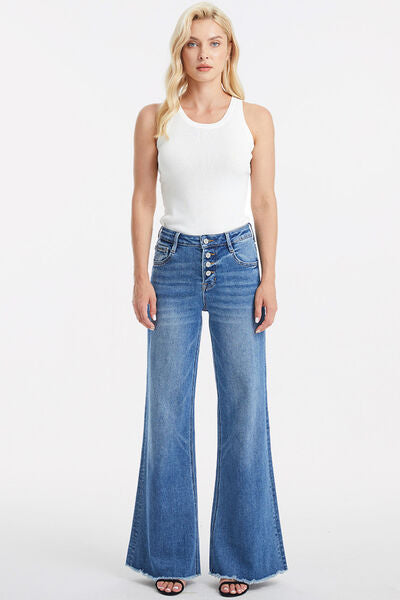 Christine Full Size High Waist Button-Fly Raw Hem Wide Leg Jeans
