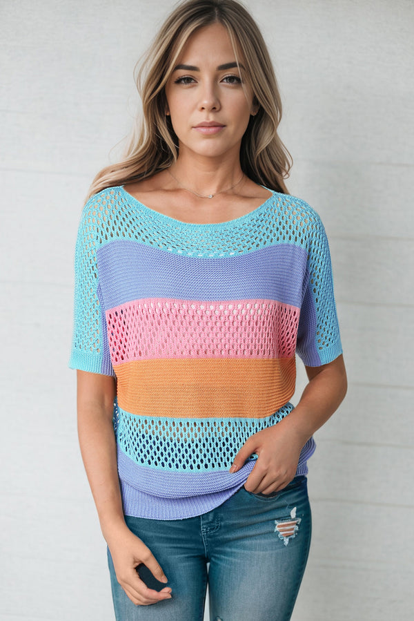 Eloise Color Block Openwork Round Neck Pullover Sweater
