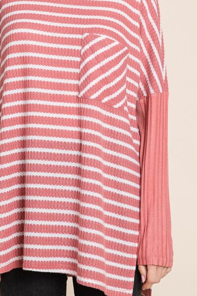 Bryant Oversize Striped Round Neck Long Sleeve Slit T-Shirt