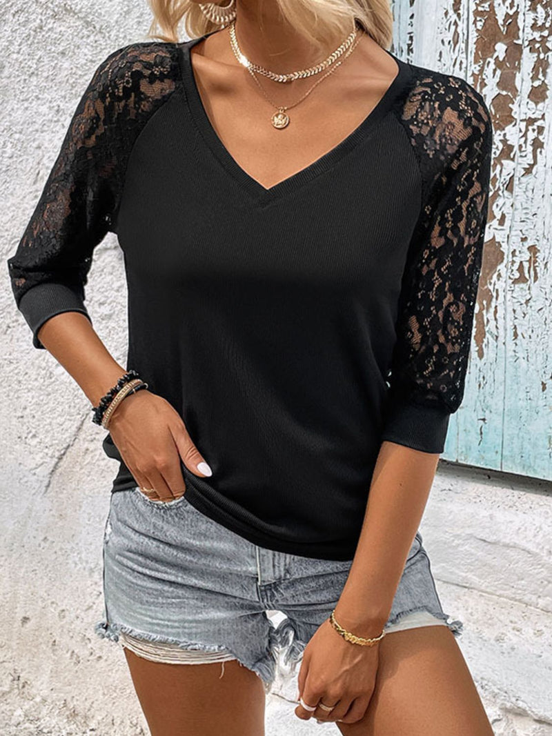 Giselle V-Neck Spliced Lace Raglan Sleeve Top - Deal of the Day!