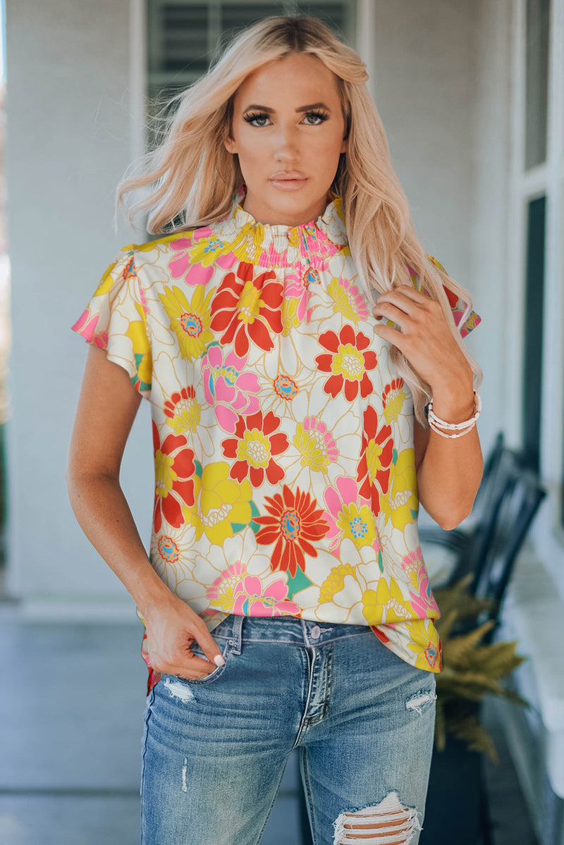 Iris Floral Frill Neck Smocked Flutter Sleeve Blouse - Deal of the day!