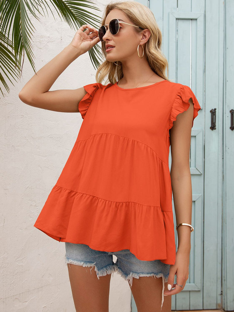 Raleigh Round Neck Flutter Sleeve Tiered Blouse